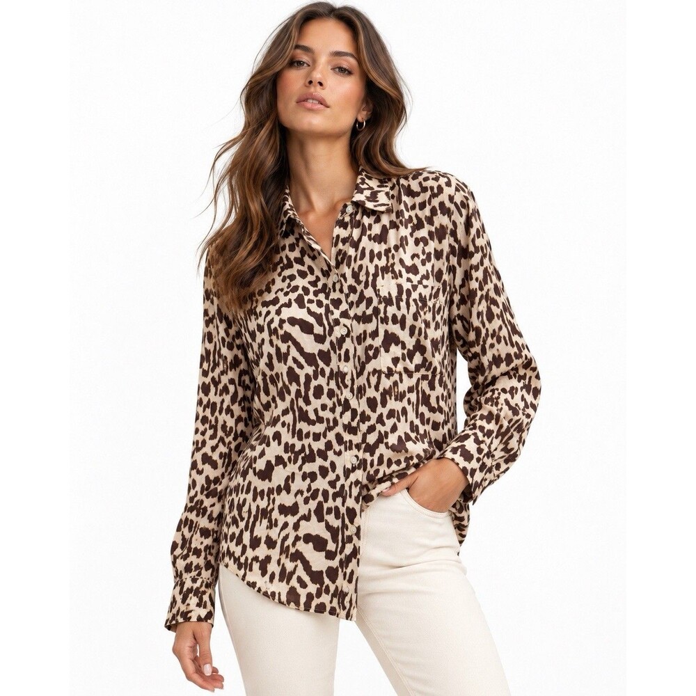 Rails Josephine Leopard Print Button Down Blouse Brown Cream Ecovero Small